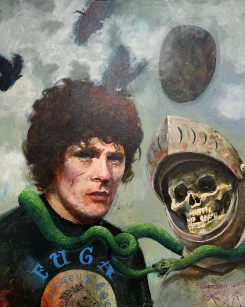 Surreal oil painting of a curly-haired figure entwined by a green serpent beside a helmeted skull, the artwork of The Carousel Vol. 1